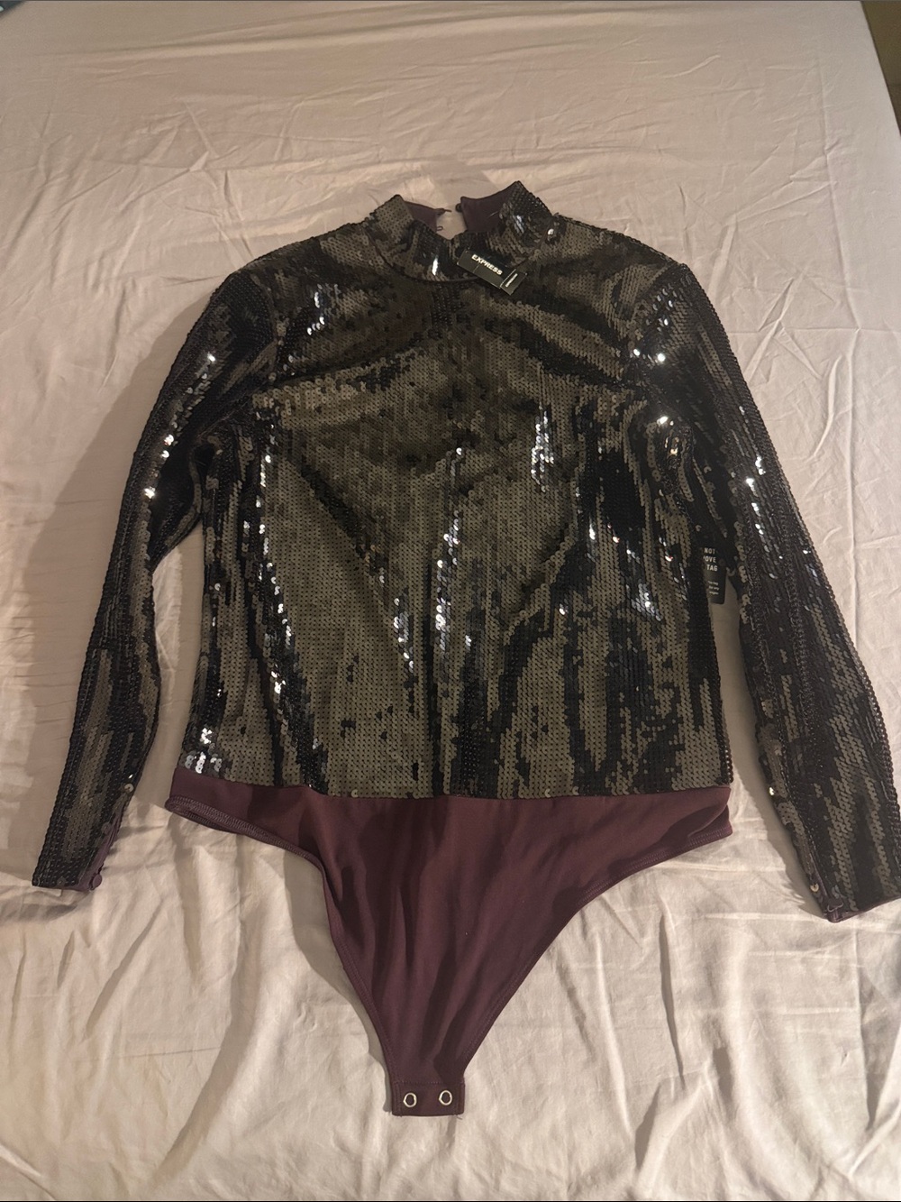 Express Black Sequin Long-Sleeve Bodysuit with Plum Bottom